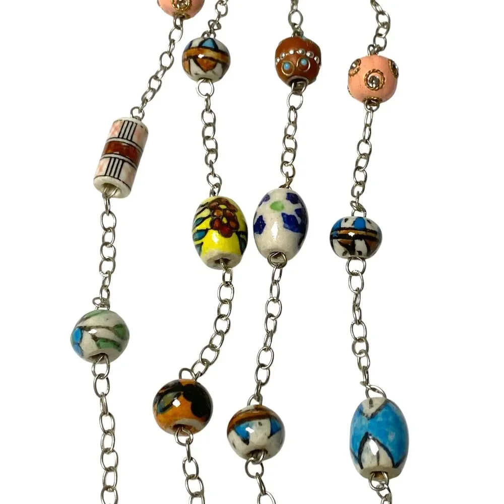 VTG Necklace Ceramic Resin Bead Station Painted Floral Art Long Boho Festival